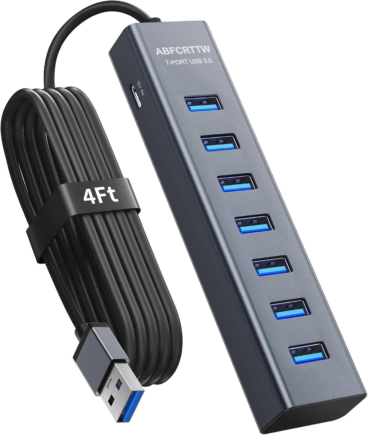 ABFCRTTW 4Ft 7-Port USB 3.0 Hub for Desktop – Aluminium USB Extender Hub 5Gbps, USB Multiport Adapter, USB Spl