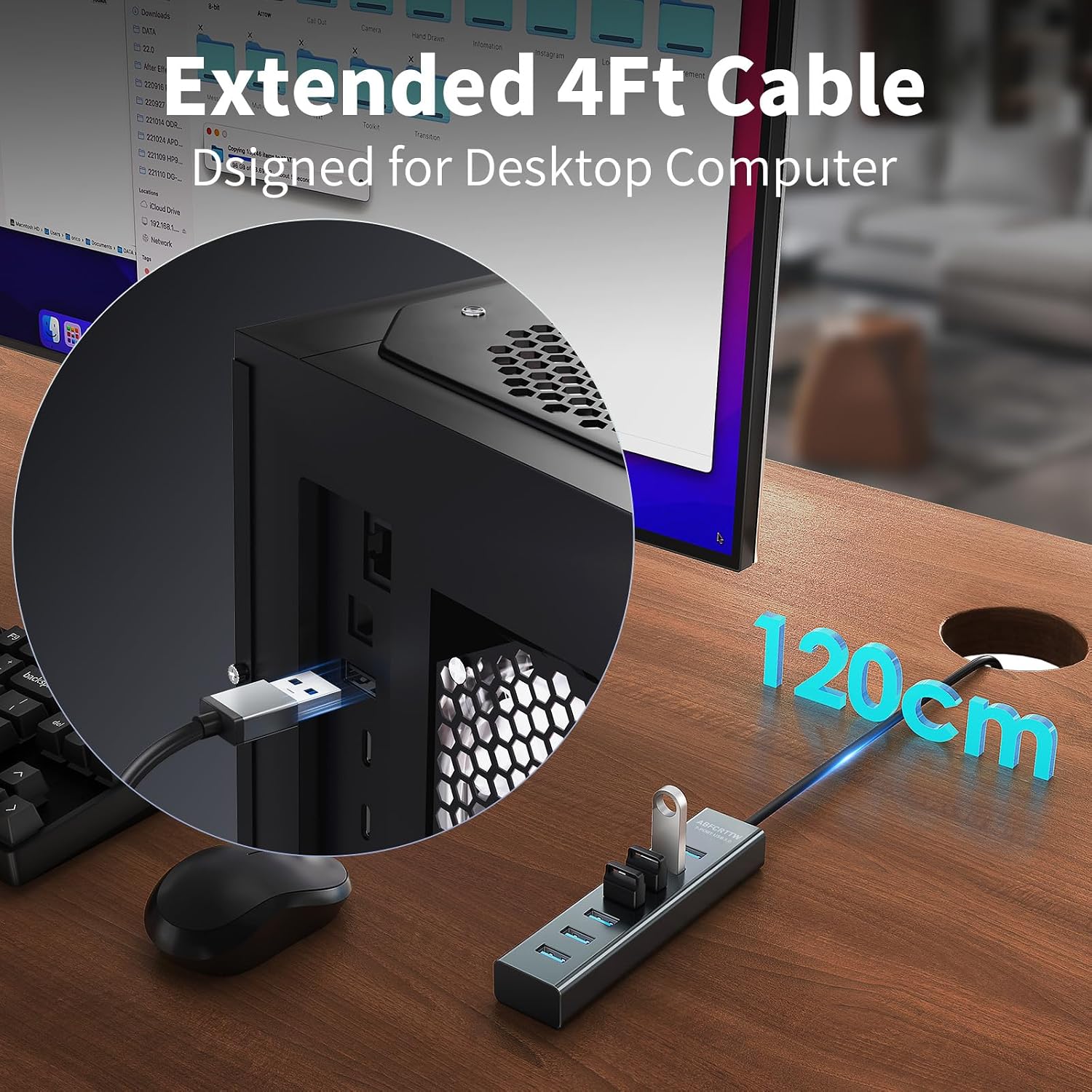 ABFCRTTW 4Ft 7-Port USB 3.0 Hub for Desktop – Aluminium USB Extender Hub 5Gbps, USB Multiport Adapter, USB Spl - view 3