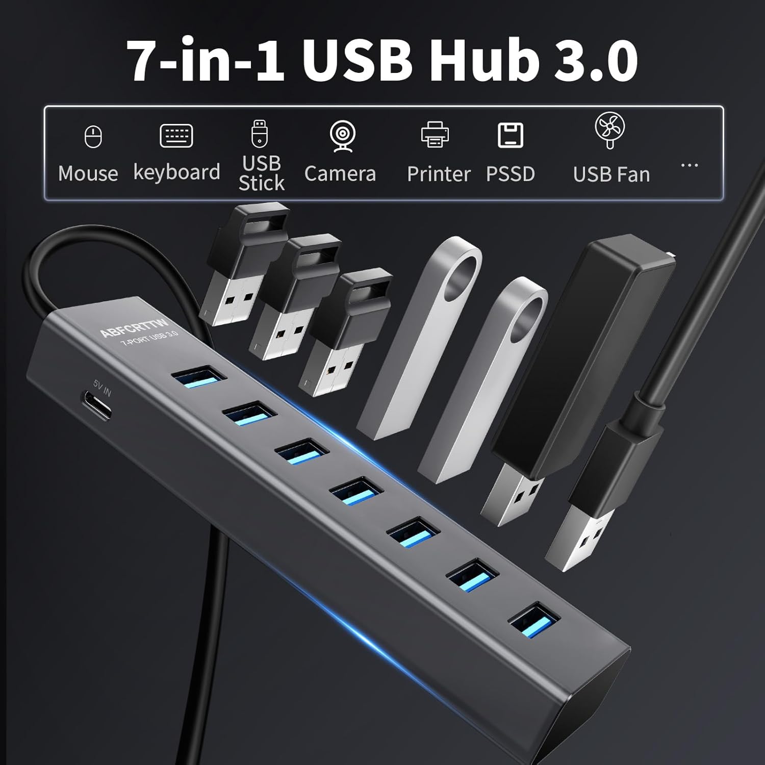 ABFCRTTW 4Ft 7-Port USB 3.0 Hub for Desktop – Aluminium USB Extender Hub 5Gbps, USB Multiport Adapter, USB Spl - view 4