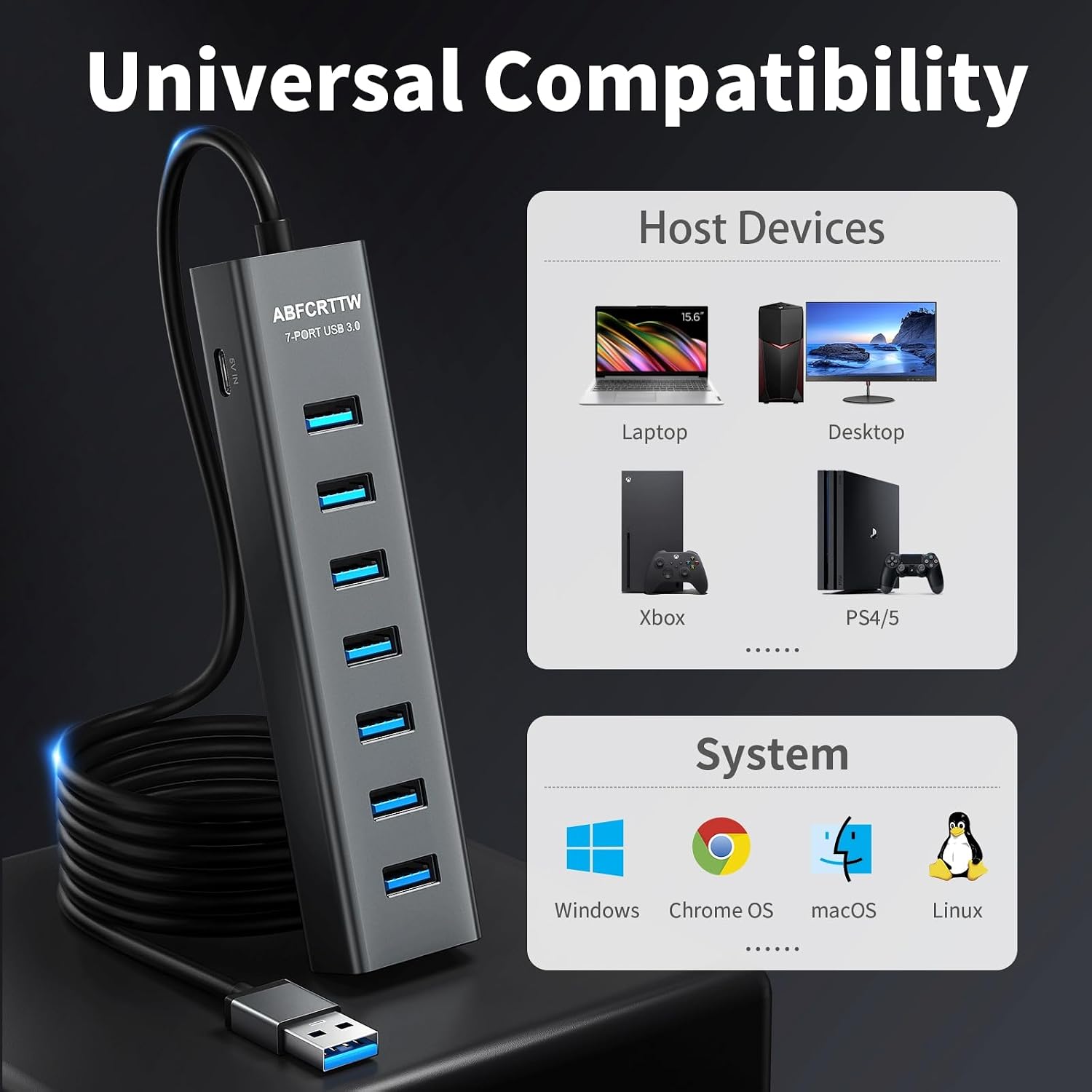 ABFCRTTW 4Ft 7-Port USB 3.0 Hub for Desktop – Aluminium USB Extender Hub 5Gbps, USB Multiport Adapter, USB Spl - view 7