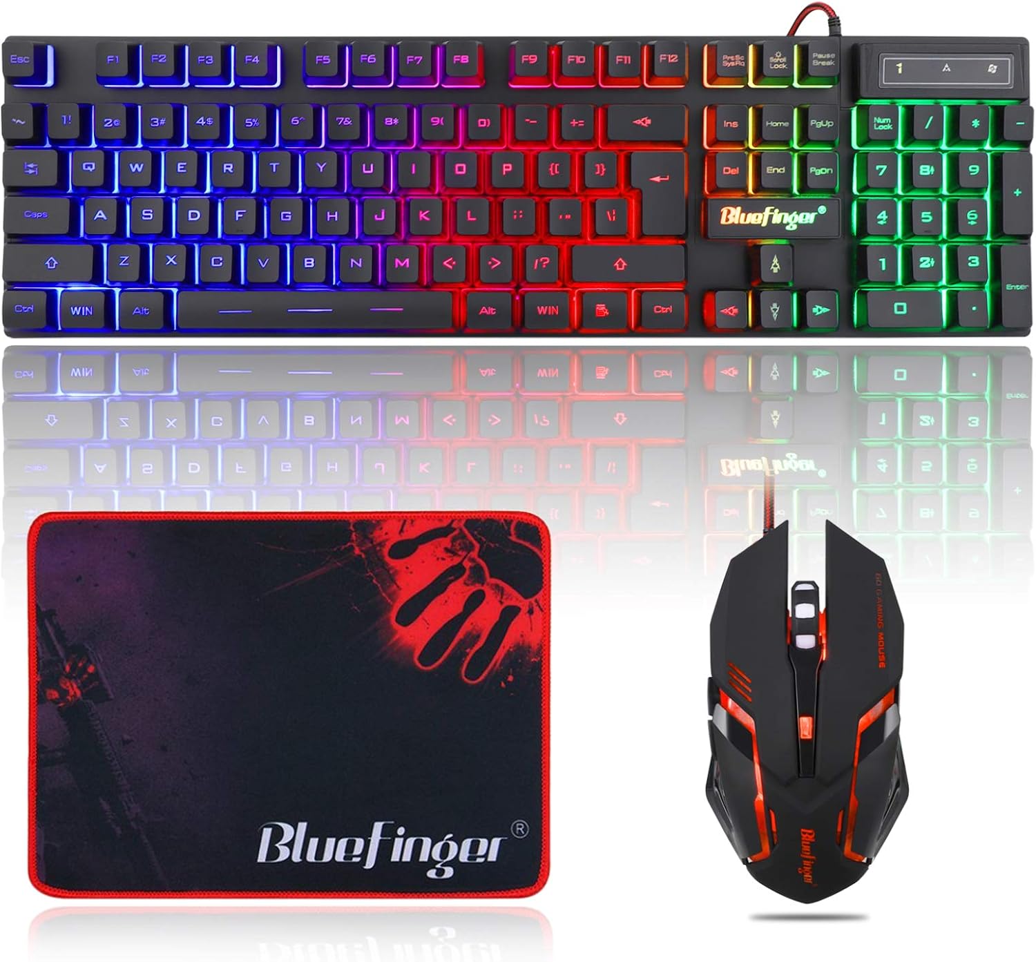 BlueFinger RGB Gaming Keyboard and Backlit Mouse Combo, USB Wired, LED Gaming Set for Laptop PC Computer Game