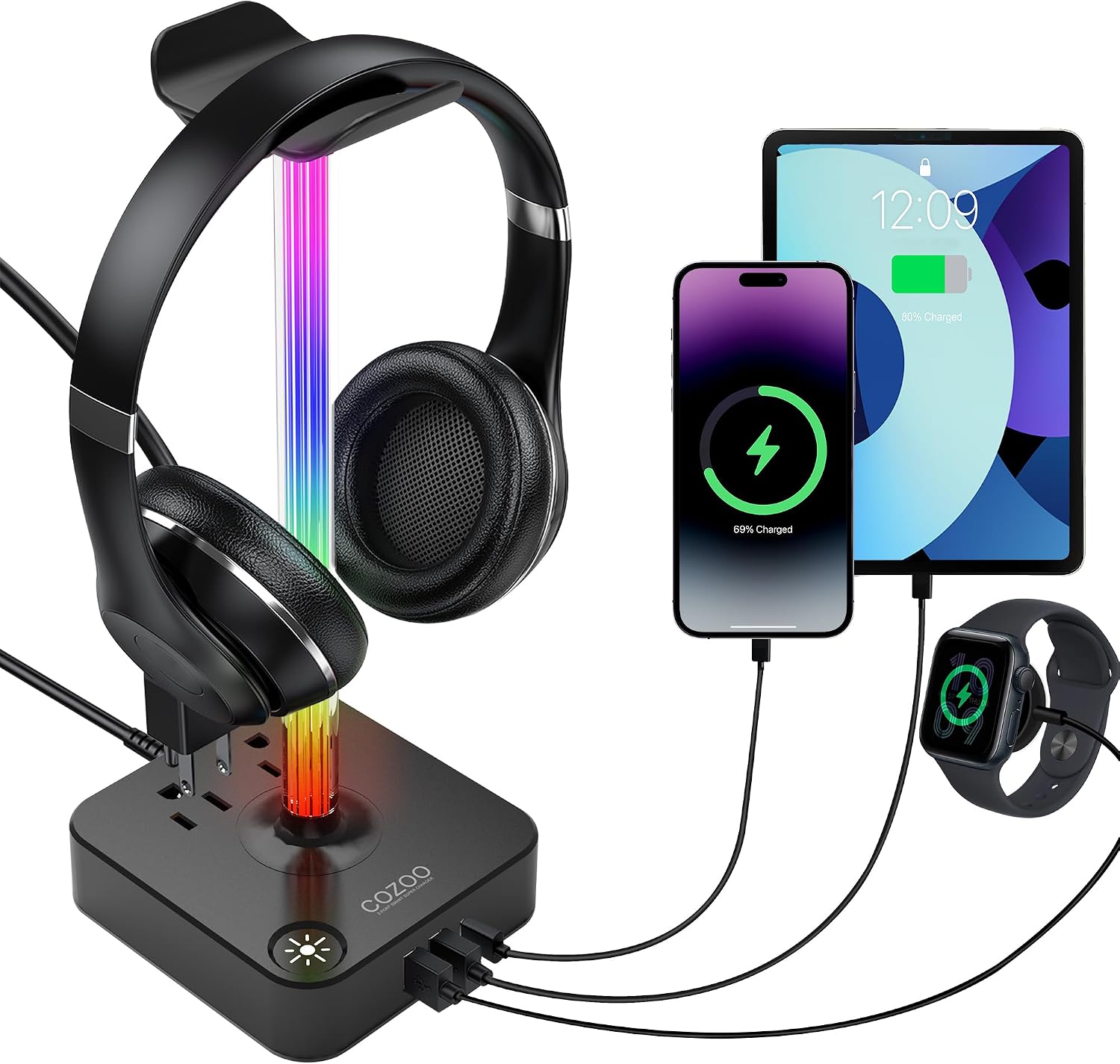 cozoo Headphone Stand with Charger, USB C, Gifts for Gamers Men, Black Pro | Gaming Headset Stand Holder for D