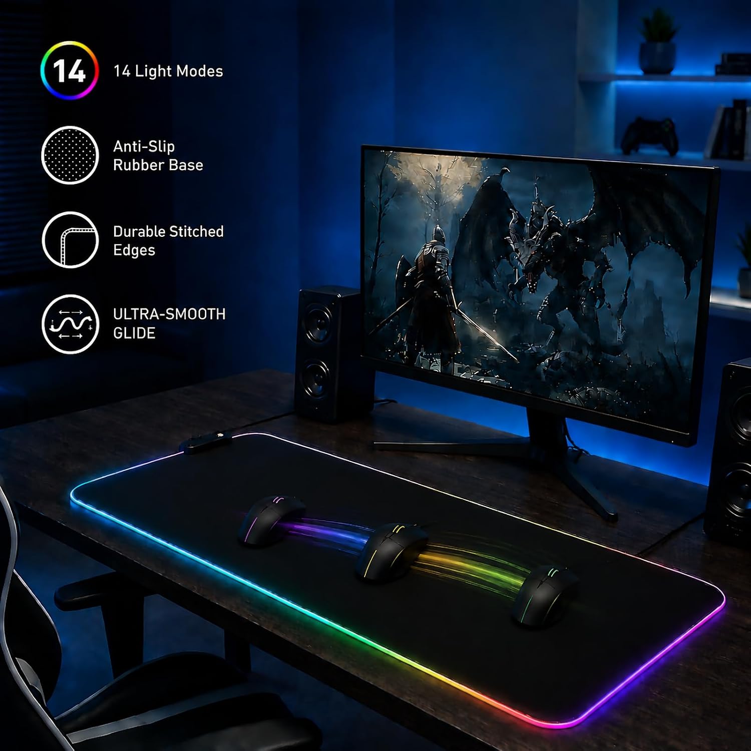 HUADO RGB Gaming Mouse Pad, 0.16 Inch Thickness, 31.5″ x 11.8″ Large Mouse Pad for Desk, 14 Light Modes Desk M - view 2