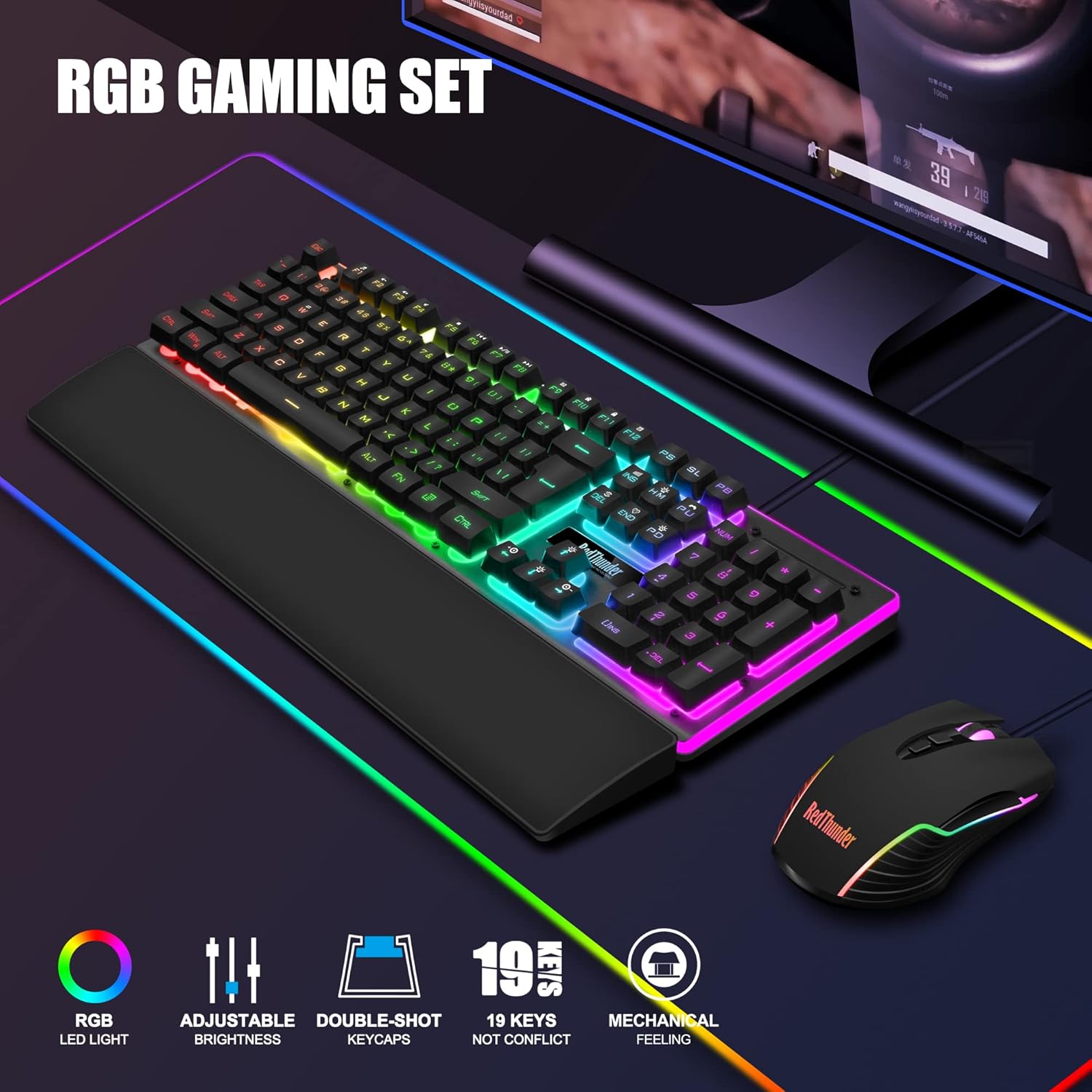 RedThunder K10 Wired Gaming Keyboard and Mouse and Wrist Rest Combo, RGB Backlit, Mechanical Feel Anti-ghostin - view 2