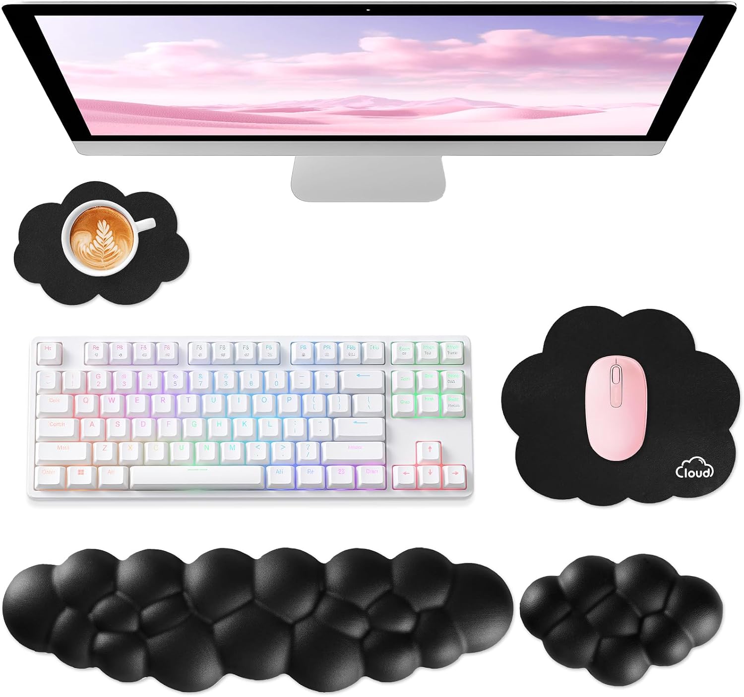 Sushret Cloud Wrist Rest for Computer Keyboard and Mouse Pad Set, Black | Memory Foam, Leather, 4-in-1 Cloud K