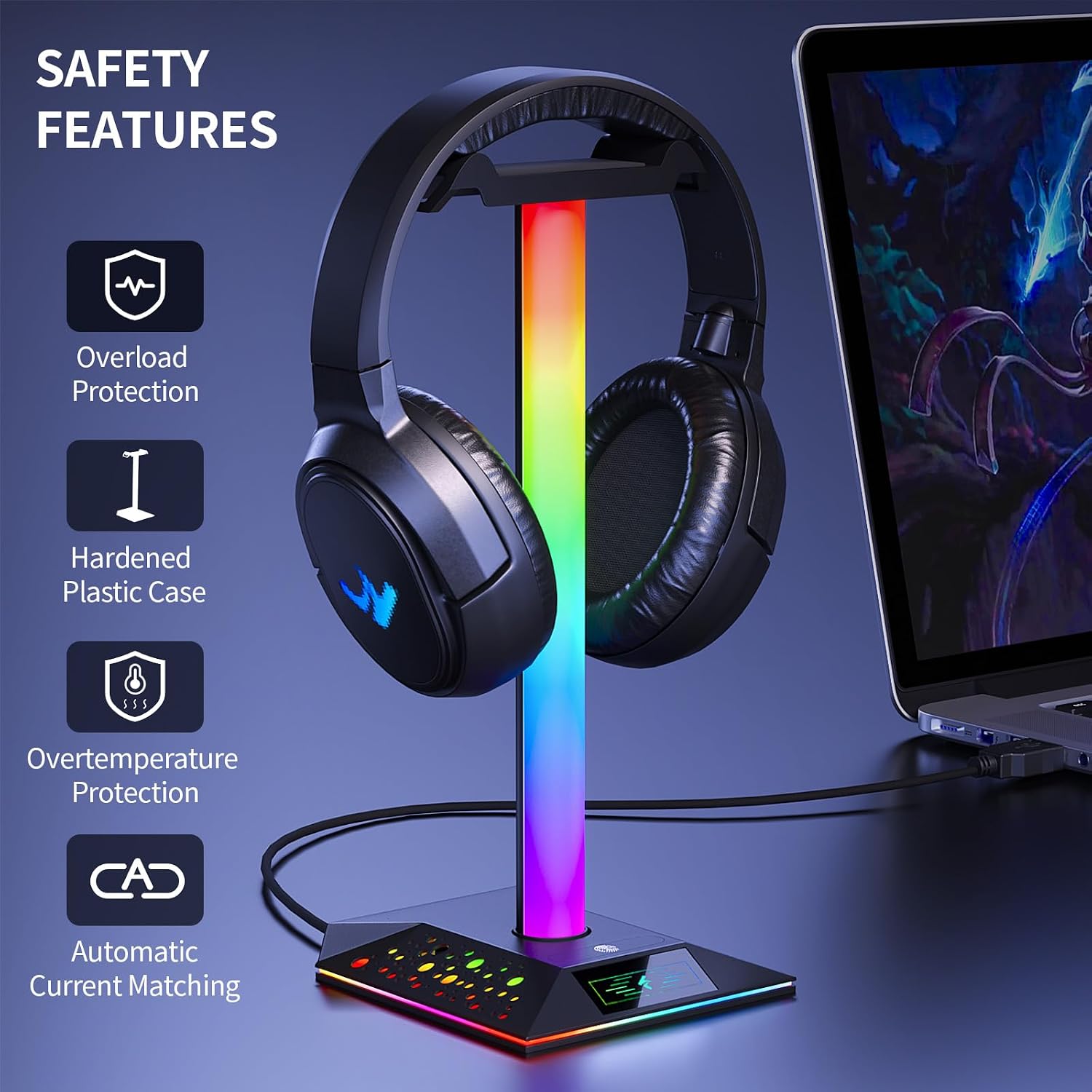 Xergur Gaming Headset Stand, RGB Headphone Holder with 2 USB Ports for Desk | RGB lighting effects, 2 USB char - view 2