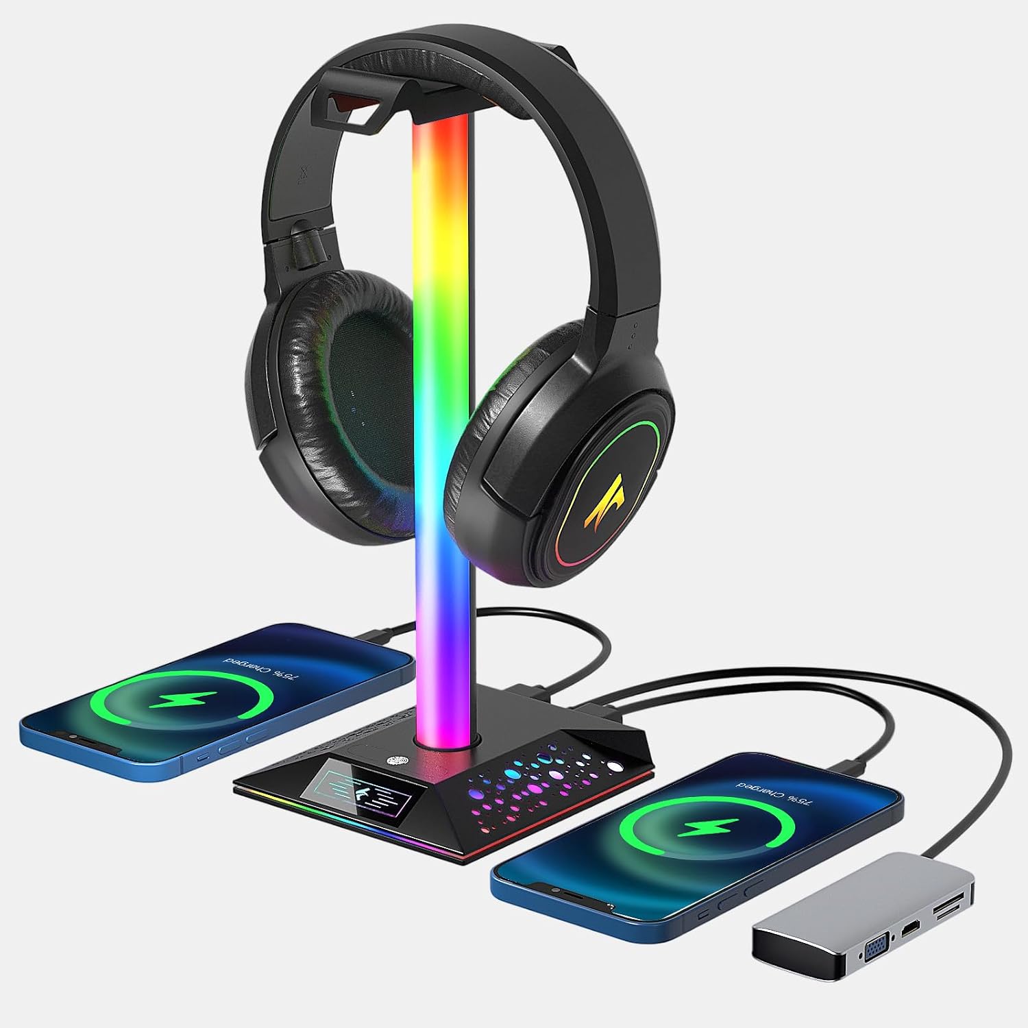 Xergur Gaming Headset Stand, RGB Headphone Holder with 2 USB Ports for Desk | RGB lighting effects, 2 USB char